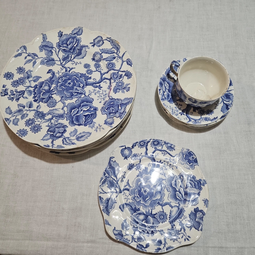 Classic Blue and White Floral Dinnerware Set. English Chippendale Johnson Bros.